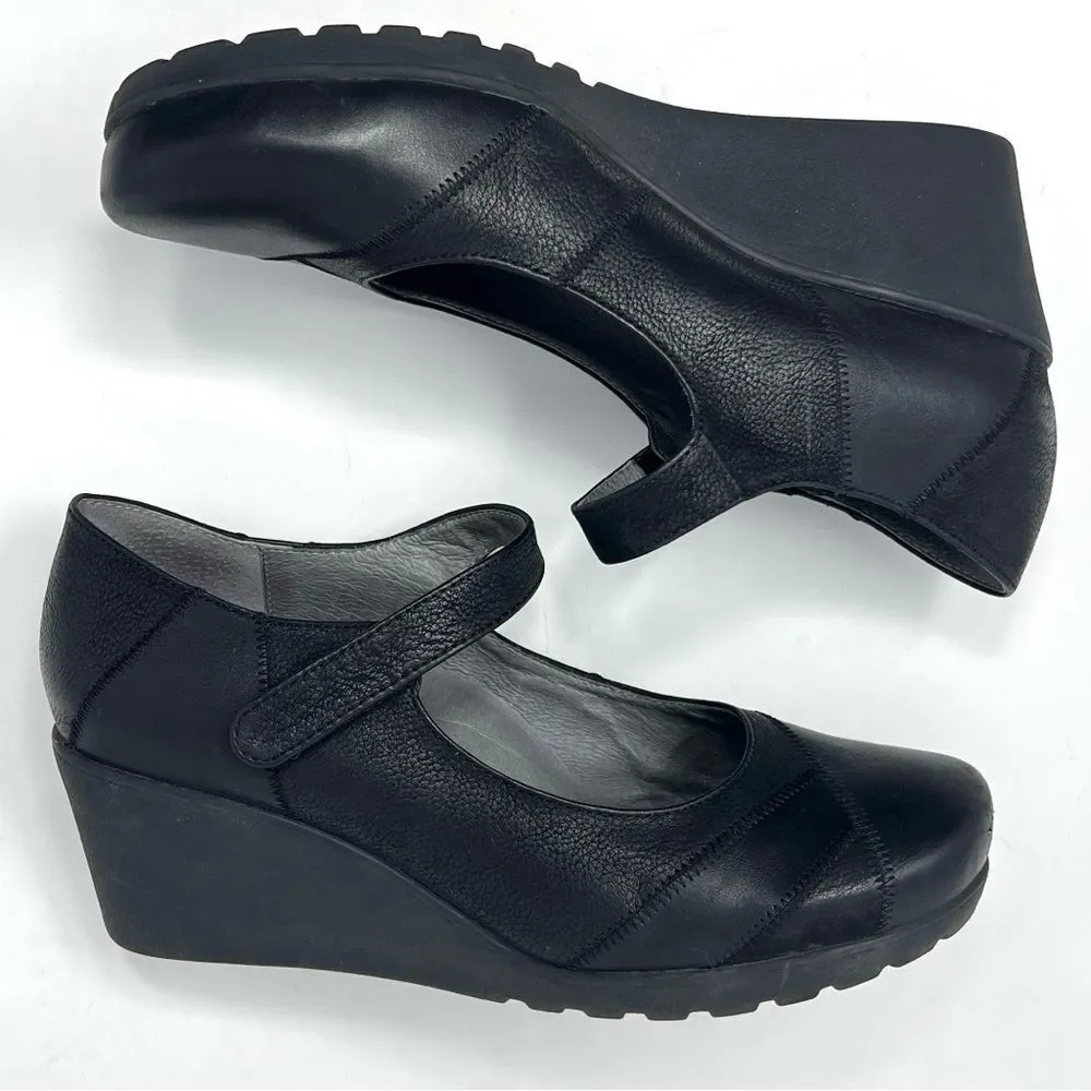 ABEO BIO System Ginger Mary Jane Black Leather Wedges Hook & Loop Closure 8.5N